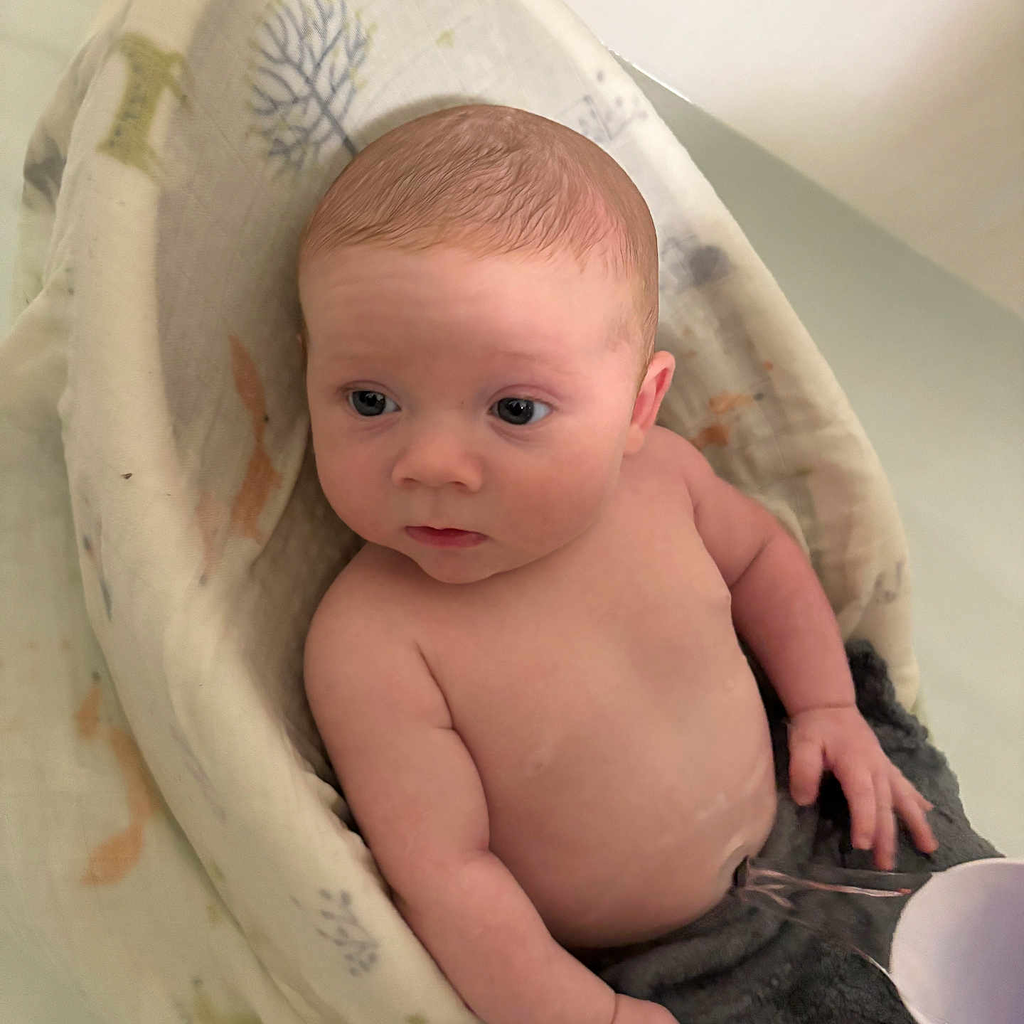 Riggs is registered to the contest to win money with this photo: baby, bath, bathroom, child, comfort, cushion, cute, face, hand, head, indoors, infant, person, plush, relaxing, sitting, skin, towel, water, young