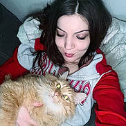 Fuzzy Butt joined the competition — help win amazing prizes! woman, cat, indoor, fluffy_cat, red_hoodie, grey_hoodie, couch, pet, affection, portrait, long_hair, casual_clothing, smile, relaxing, cozy, domestic_animal, feline, looking_down, holding, closeup