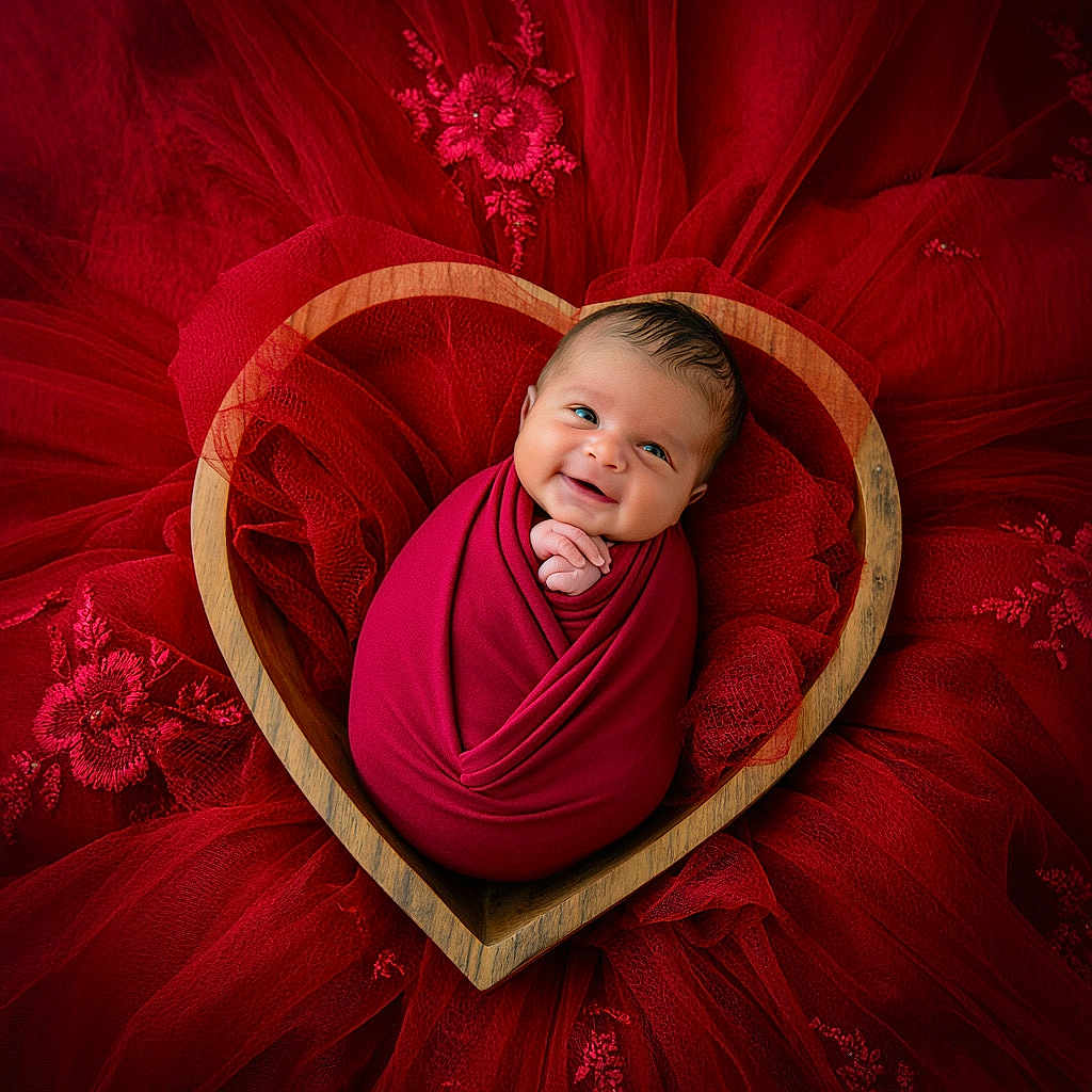 Zaiden is registered to the contest to win money with this photo: baby, infant, swaddled, red_wrap, heart_shaped_bowl, wooden_bowl, smiling, face, cute, newborn, portrait, fabric, red_fabric, floral_embroidery, soft_texture, laying_down, close_up, adorable, happy, child
