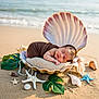 Zaiden is registered to the contest to win money with this photo: newborn, baby, sleeping, beach, seashell, starfish, sand, ocean, pillow, wrapped, brown_cloth, green_leaves, pearls, cozy, cute, peaceful, nature, summer, outdoor, relaxation