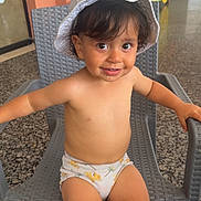Ayaan participe au concours pour gagner de l'argent avec cette photo : toddler, child, hat, nike, bucket_hat, smile, chair, indoor, swim_diaper, playful, dirt, legs, face, happy, person, wicker_chair, plant, background, colorful, lemon_cart