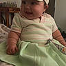 Kaydence is registered to the contest to win money with this photo: baby, child, infant, smiling, happy, portrait, sitting, visor, hat, pastel_clothing, striped_outfit, dress, indoor, home, furniture, bed, blanket, face, photography, barefoot