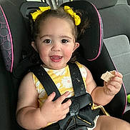 Cheyenne is registered to the contest to win money with this photo: toddler, child, car_seat, yellow_bows, yellow_dress, smiling, snack, seatbelt, safety, car_interior, cute, happy, baby, hair_bows, child_safety, portrait, young_child, seat, baby_girl, indoors