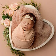 Tinsley is registered to the contest to win money with this photo: newborn, baby, swaddled, sleeping, headband, bow, blanket, heart_shaped_bowl, floral_arrangement, roses, greenery, soft_texture, portrait, cute, peaceful, infant, wrapped, studio_photo, pastel_colors, decor