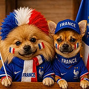 Max Et Oscar a rejoint le concours — aidez-le/la à gagner de superbes lots ! dog, pomeranian, chihuahua, costume, face_paint, scarf, flag, hat, sports_fan, blue_jersey, france, portrait, cute, pet, animal, indoor, celebration, cheering, team_spirit, furry