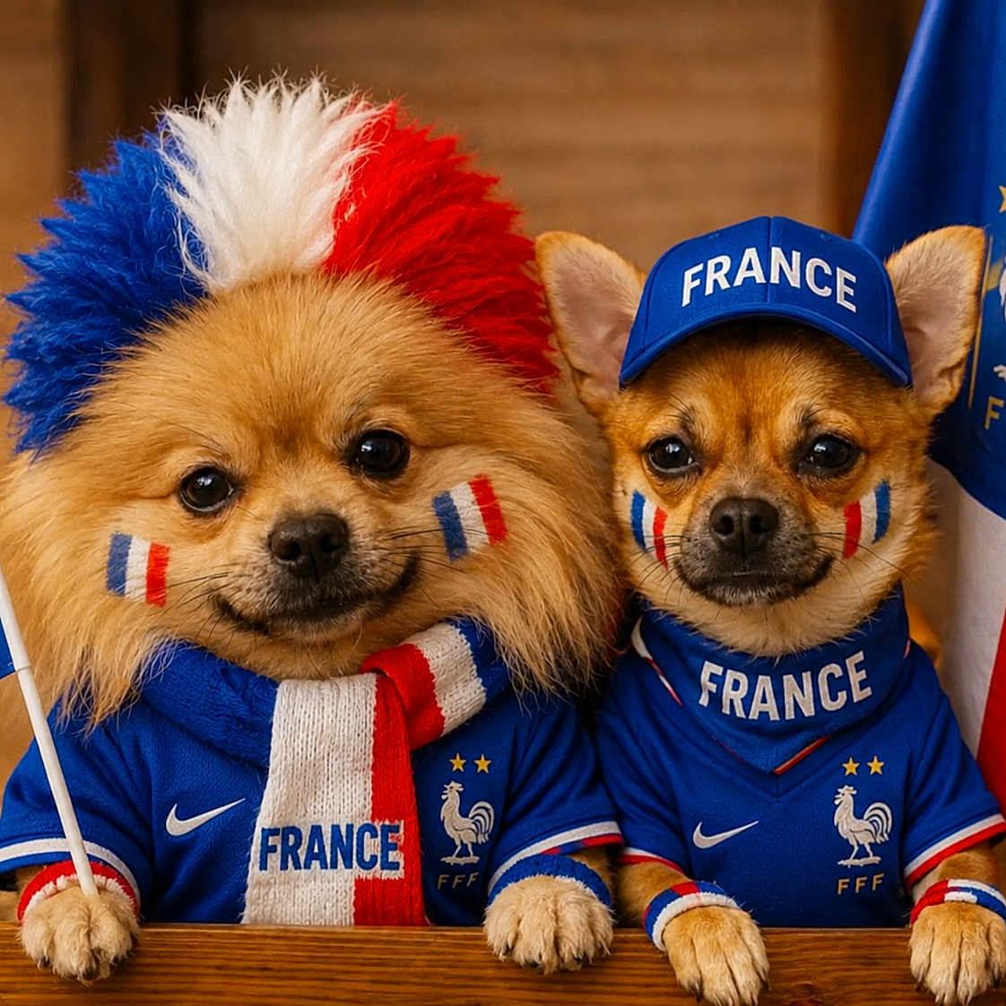 Max Et Oscar a rejoint le concours — aidez-le/la à gagner de superbes lots ! dog, pomeranian, chihuahua, costume, face_paint, scarf, flag, hat, sports_fan, blue_jersey, france, portrait, cute, pet, animal, indoor, celebration, cheering, team_spirit, furry