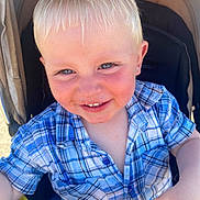 Robin joined the competition — help win amazing prizes! child, toddler, smiling, blue_eyes, blond_hair, plaid_shirt, stroller, outdoor, sunlight, happy, face, hand, clothing, casual, baby, person, cute, portrait, young, playful