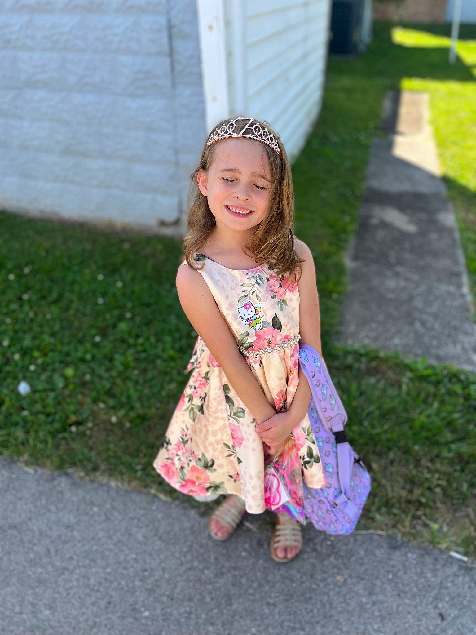 Deborah is registered to the contest to win money with this photo: asphalt, blond, child, day_dress, dress, facial_expression, fun, grass, hair, hairstyle, happy, head, headwear, human_leg, joy, leisure, magenta, people_in_nature, person, pink