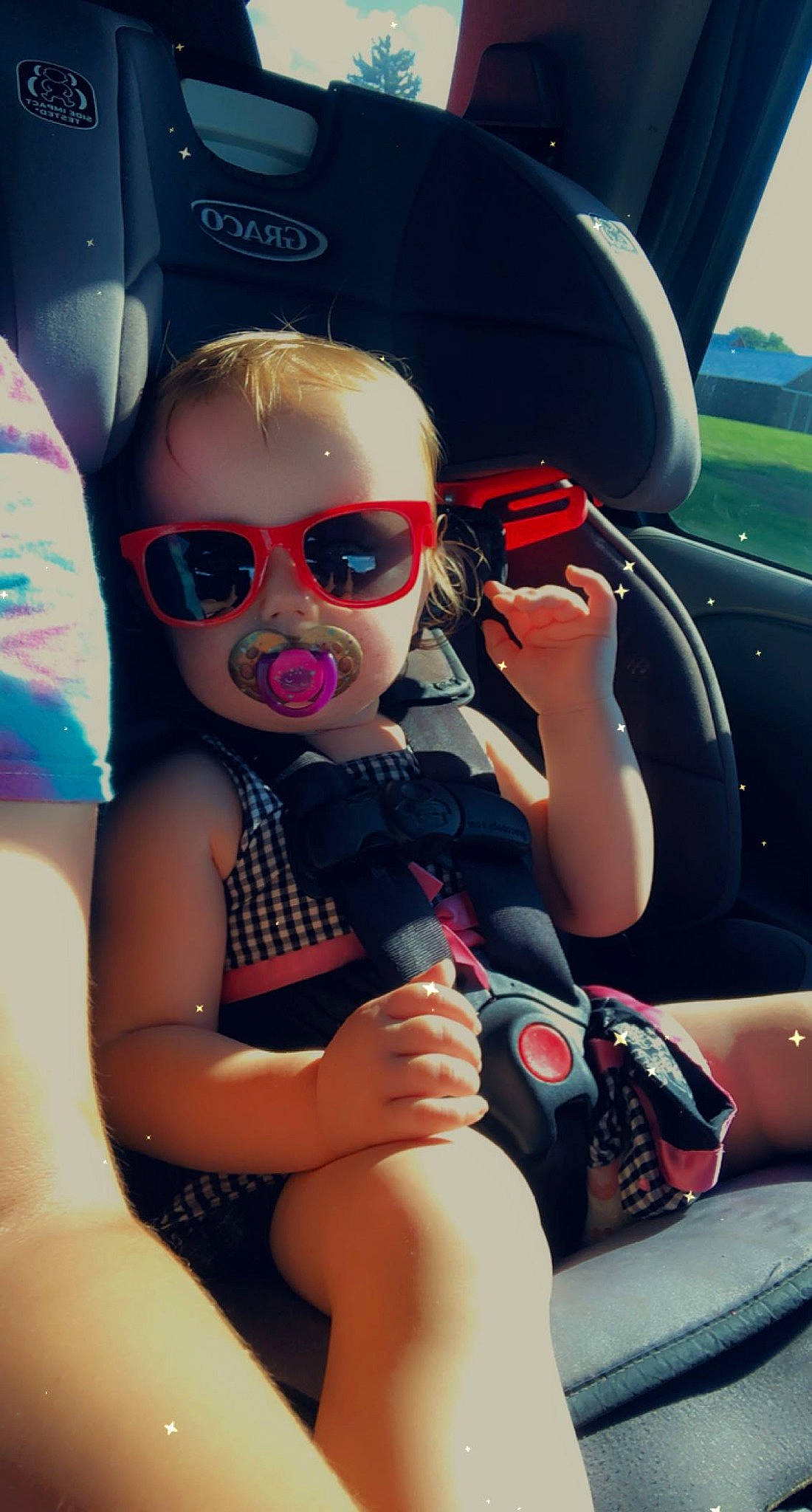 Addilynn joined the competition — help win amazing prizes! auto_part, automotive_design, automotive_exterior, car_seat, car_seat_cover, child, eyewear, fun, glasses, goggles, leisure, motor_vehicle, person, personal_protective_equipment, steering_wheel, sunglasses, swimwear, thigh, toddler, vehicle_door