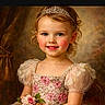 child, girl, princess, tiara, dress, flowers, bouquet, portrait, smile, curly_hair, puffy_sleeves, classic, background, young, cute, formal, studio, pose, rosy_cheeks, elegant