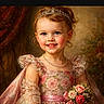 child, girl, princess, tiara, dress, flowers, bouquet, portrait, smile, flower_pattern, lace, pearl_necklace, vintage_style, artwork, digital_art, roses, pink, costume, happy, young