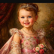 Dalilah is registered to the contest to win money with this photo: child, princess, tiara, dress, flower_bouquet, smile, portrait, girl, costume, lace, jewelry, roses, vintage, background, pose, young_child, happy, pretty, headband, studio_photo