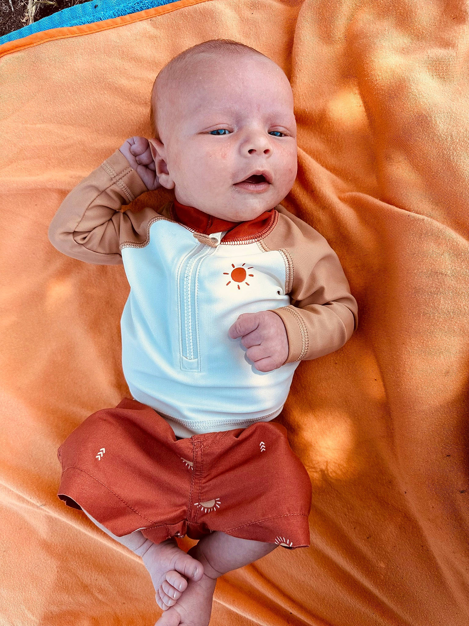 Hayes joined the competition — help win amazing prizes! abdomen, arm, baby, baby_products, baby_toddler_clothing, cheek, child, comfort, hand, happy, linens, orange, peach, person, pink, sitting, sleeve, stomach, t_shirt, textile