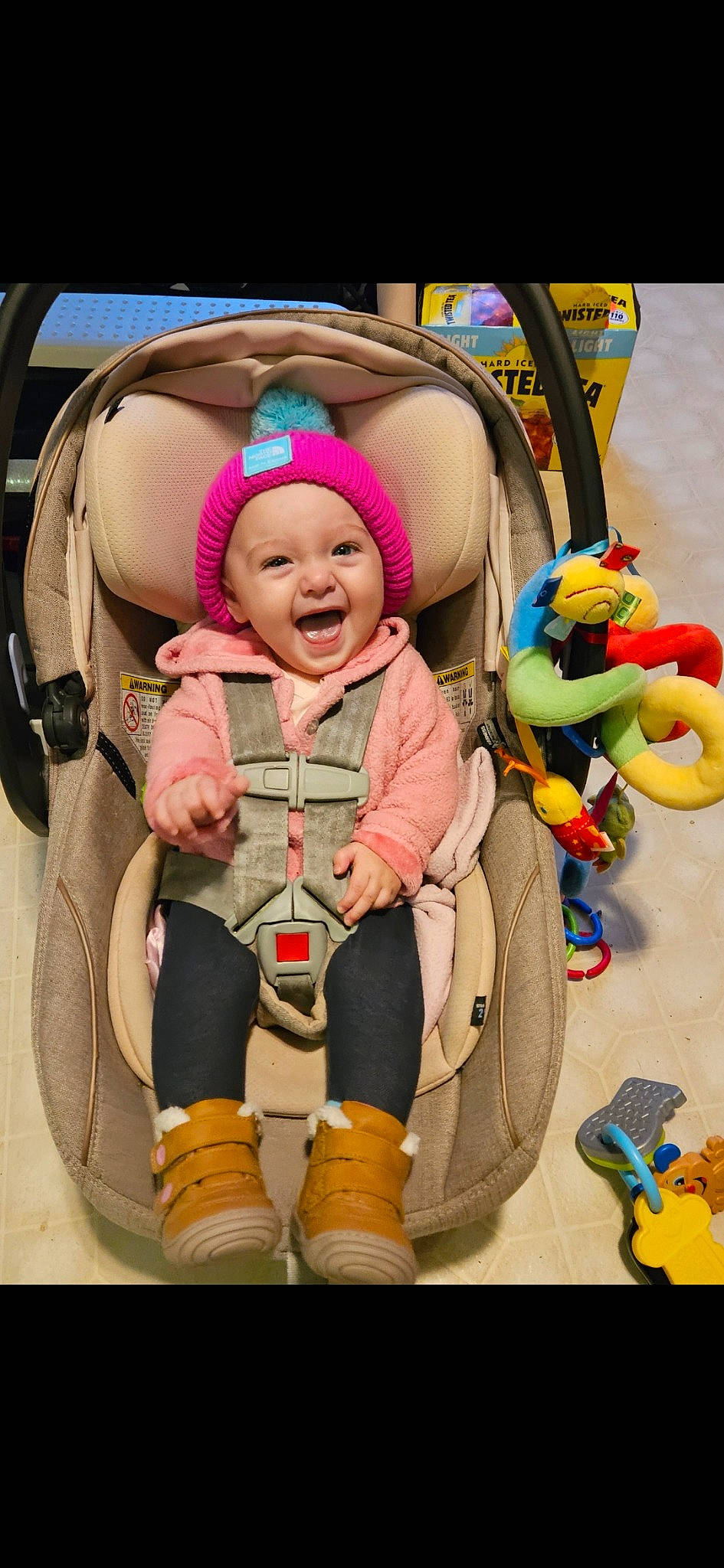Ariah is registered to the contest to win money with this photo: baby, baby_carriage, baby_products, baby_toys, car_seat, child, comfort, fun, happy, headwear, person, personal_protective_equipment, play, product, sitting, smile, stuffed_toy, textile, toddler, toy