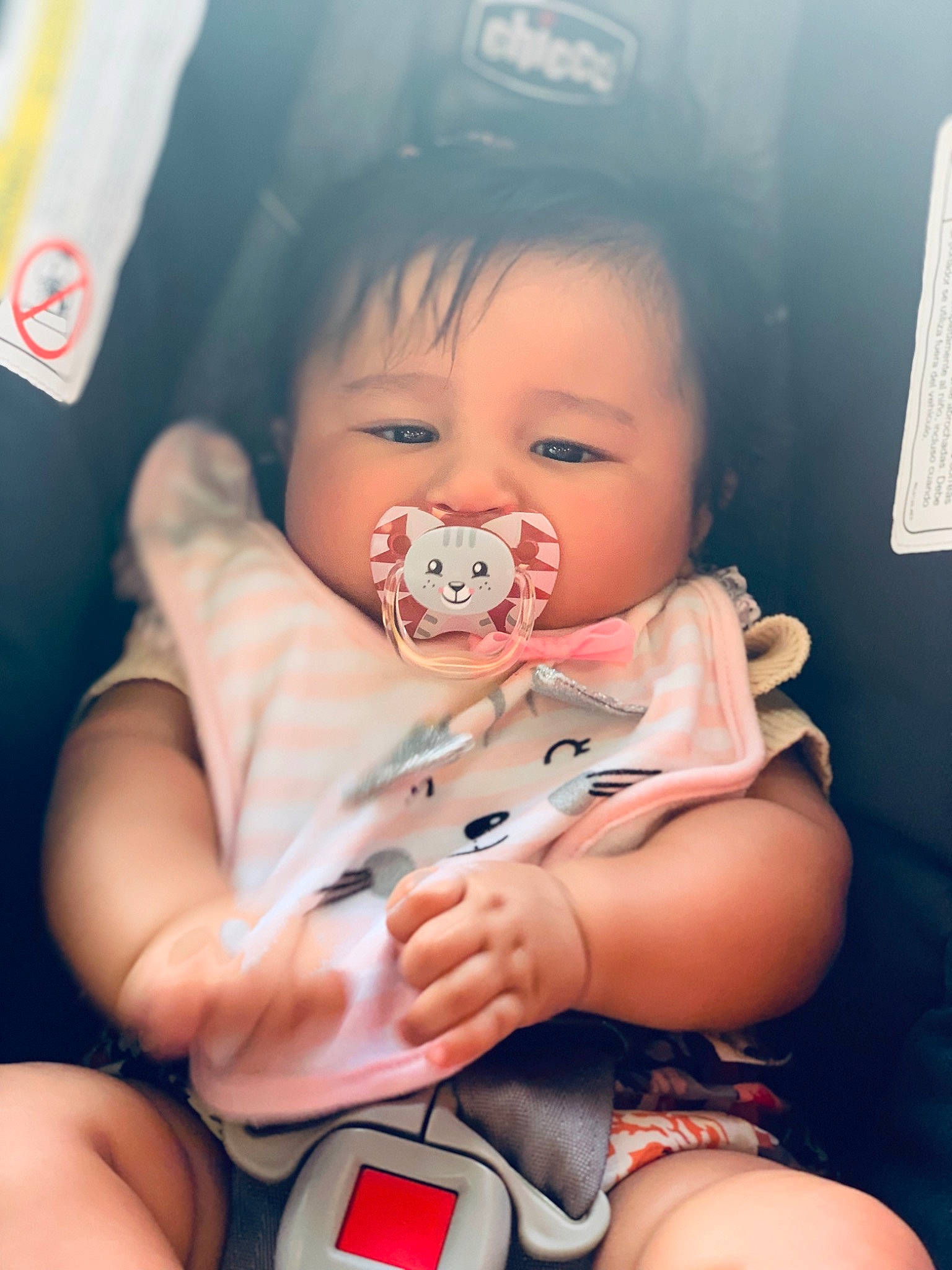 Ariannah joined the competition — help win amazing prizes! baby, baby_in_car_seat, birth, car_seat, cheek, child, finger, fun, hand, happy, joy, leg, mouth, nail, person, pink, product, sitting, skin, smile