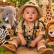 Phan is registered to the contest to win money with this photo: baby, binoculars, boots, child, elephant, explorer, giraffe, hat, indoor, infant, lantern, lion, plants, plush_toys, portrait, safari, safari_outfit, sitting, smiling, zebra