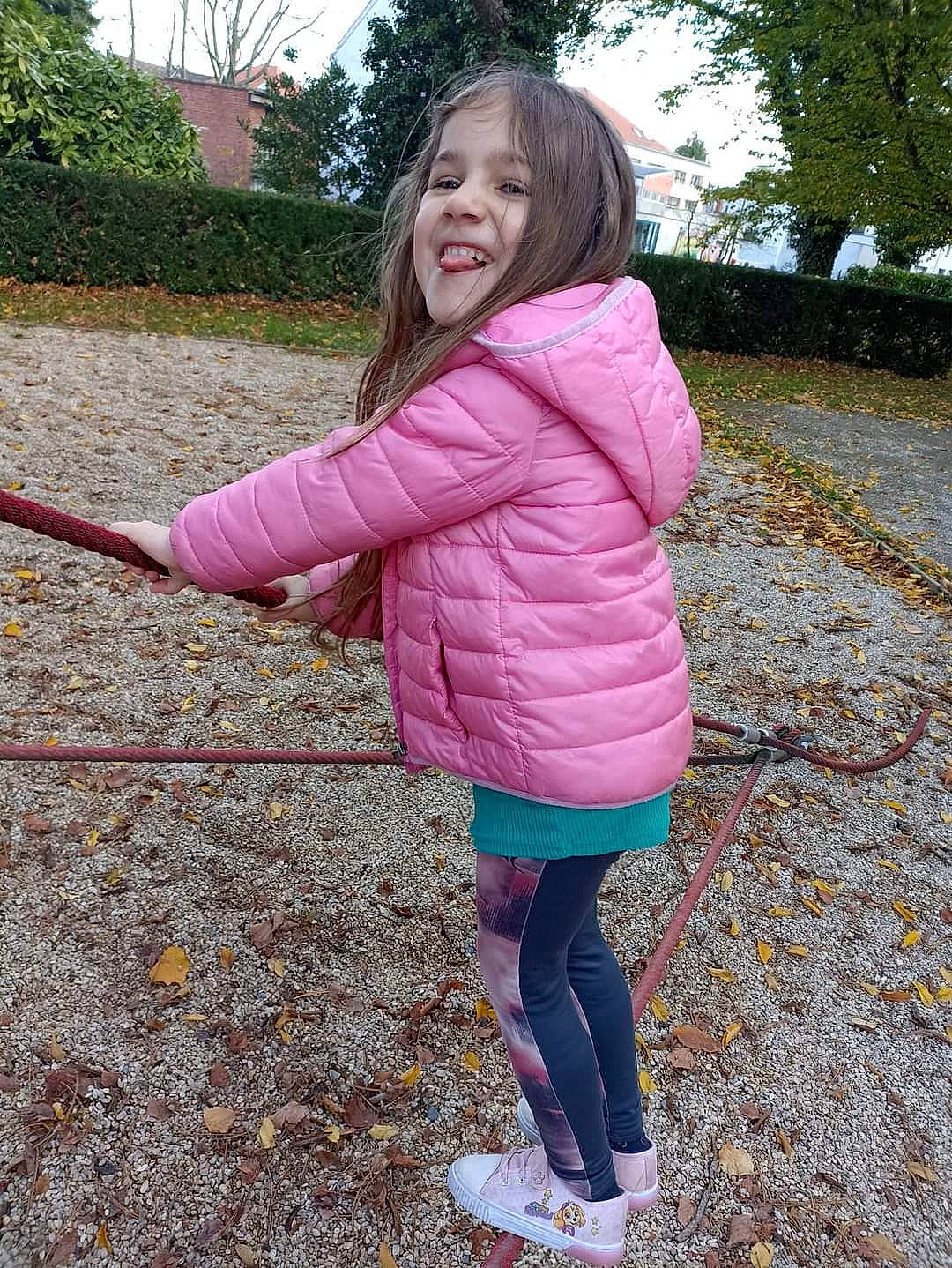 Sarah participe au concours pour gagner de l'argent avec cette photo : child, denim, face, fun, grass, hair, happy, jacket, magenta, outerwear, pattern, people_in_nature, person, pink, plant, sleeve, smile, thigh, toddler, tree
