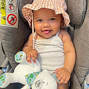 Neysta participe au concours pour gagner de l'argent avec cette photo : baby, child, car_seat, teddy_bear, hat, smiling, happy, infant, plush_toy, clothing, white_tank_top, gingham, pattern, cute, tongue_out, indoor, seat, person, young_child, soft_toy