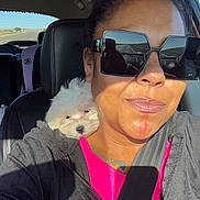 Sugar is registered to the contest to win money with this photo: woman, puppy, dog, car, vehicle, selfie, sunglasses, seat_belt, highway, road_trip, portrait, fluffy, white_dog, passenger, driver, sunlight, outdoor, travel, pink_shirt, gray_jacket