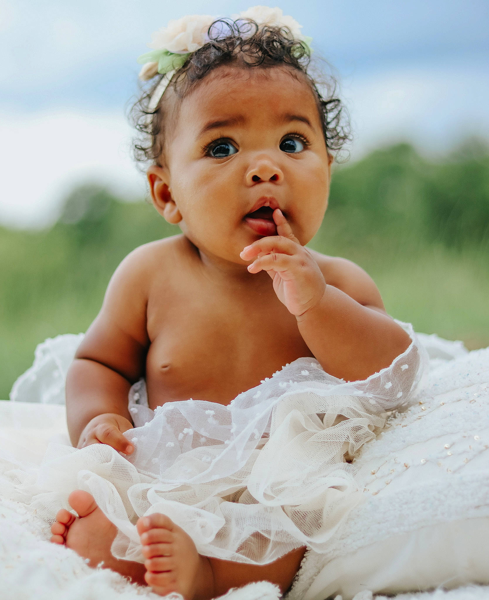 Bailee joined the competition — help win amazing prizes! arm, baby, baby_toddler_clothing, cheek, child, eye, face, finger, flash_photography, gesture, hand, happy, head, headpiece, people_in_nature, person, photograph, skin, sky, smile