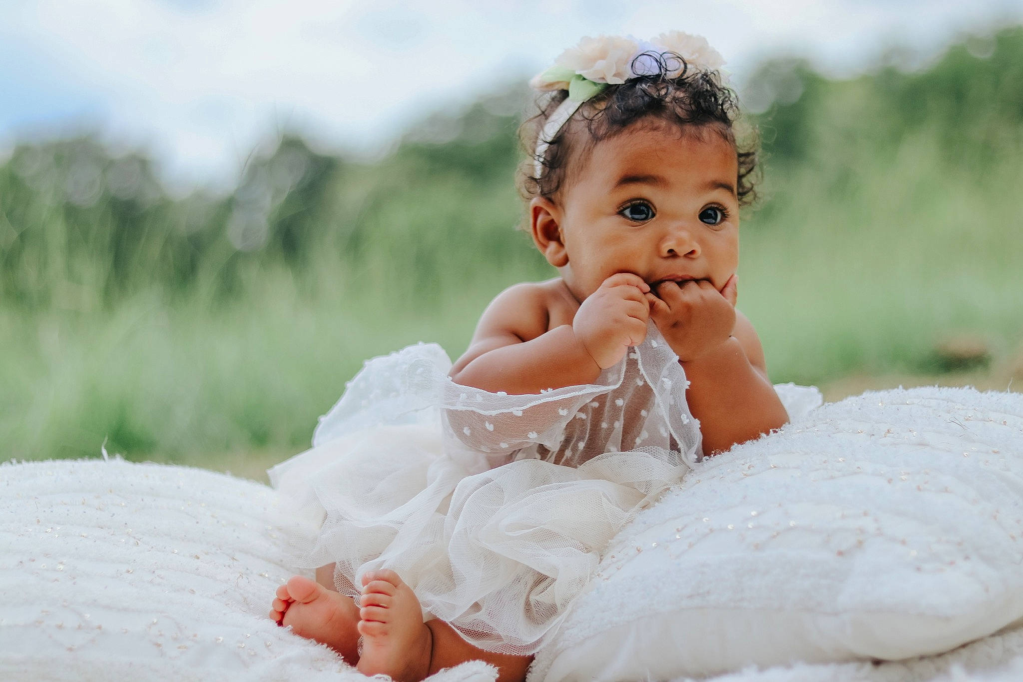 Bailee joined the competition — help win amazing prizes! baby_toddler_clothing, bridal_accessory, bridal_clothing, dress, embellishment, face, facial_expression, finger, flash_photography, gesture, gown, grass, happy, head, headgear, headpiece, iris, people_in_nature, person, skin