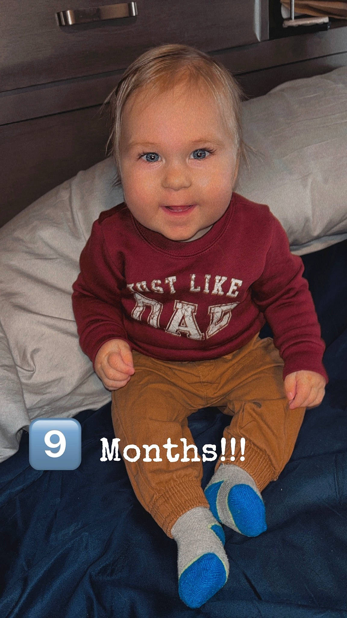 Huxley is registered to the contest to win money with this photo: baby, baby_toddler_clothing, cheek, comfort, cool, facial_expression, finger, gesture, hairstyle, happy, head, mouth, nose, organ, person, product, skin, sleeve, smile, toddler