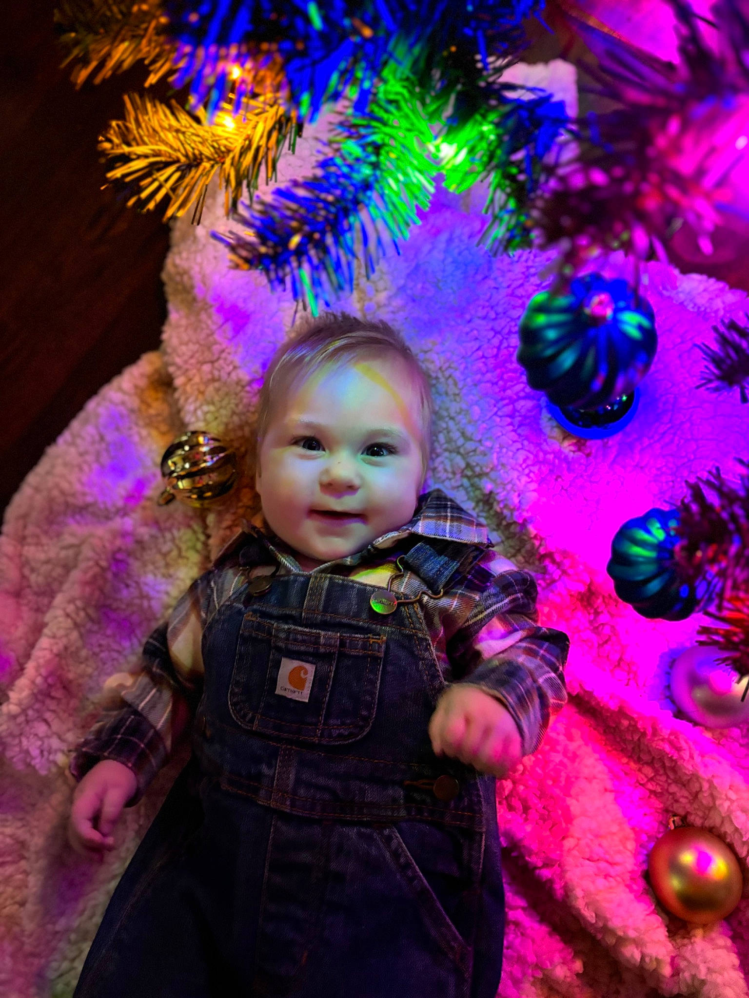 Huxley joined the competition — help win amazing prizes! christmas, christmas_decoration, christmas_ornament, christmas_tree, electric_blue, event, flash_photography, fun, happy, head, holiday, light, magenta, ornament, person, pink, plant, purple, smile, toddler