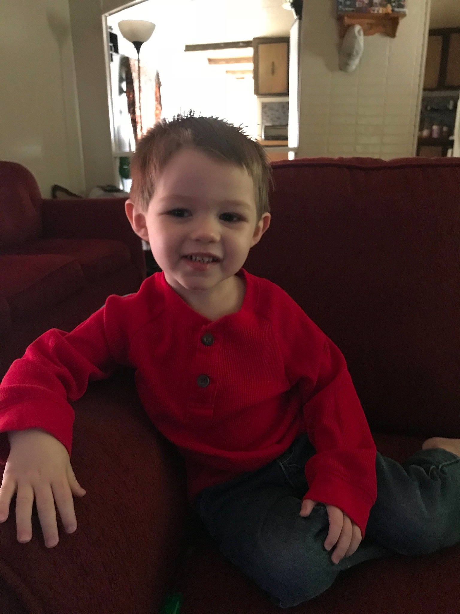 Donald joined the competition — help win amazing prizes! arm, baby, cheek, child, chin, face, facial_expression, head, home, joy, leg, people, person, play, red, room, sitting, skin, smile, standing