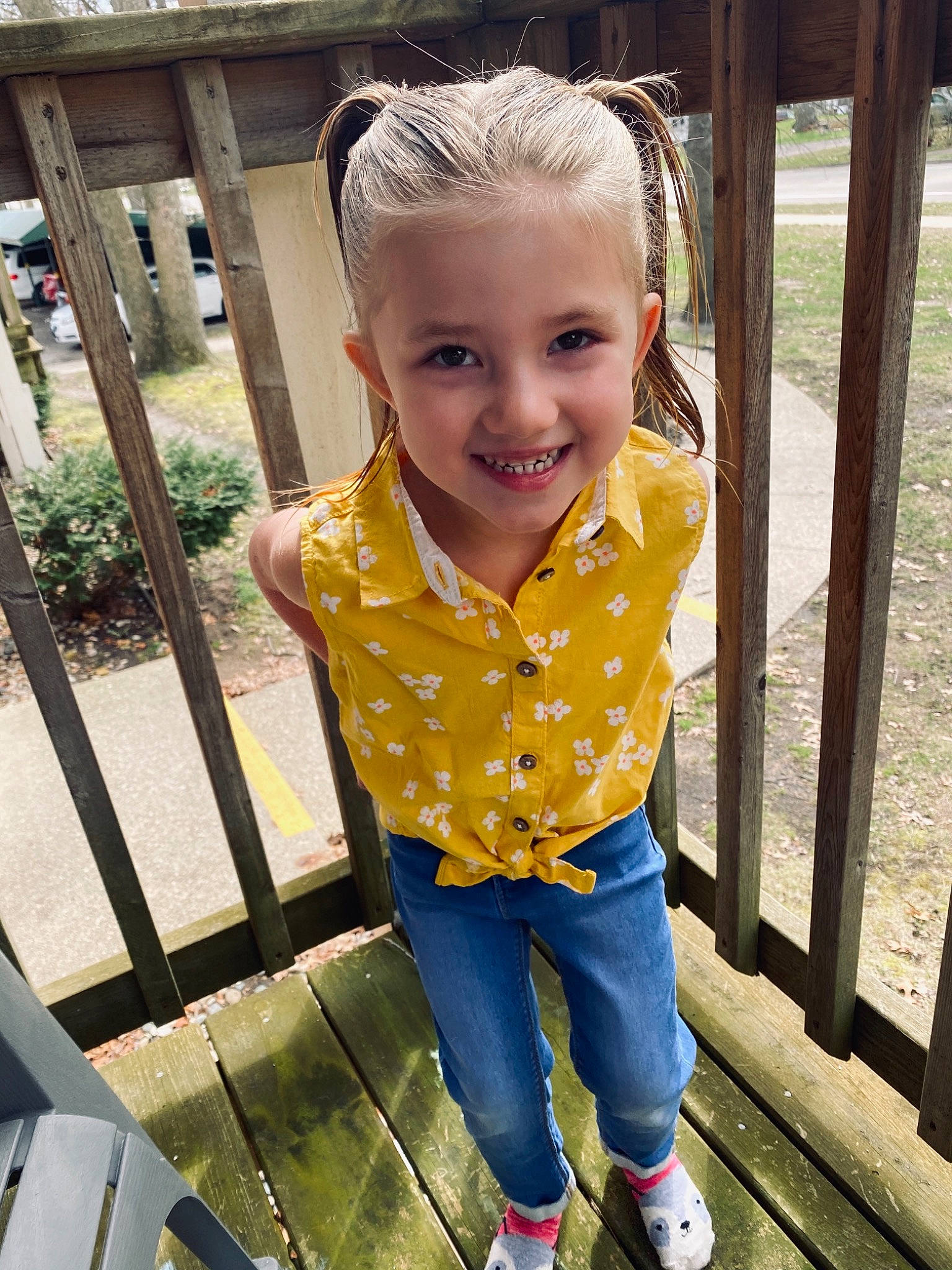 Emerie joined the competition — help win amazing prizes! baby_toddler_clothing, blond, child, child_model, denim, ear, eye, facial_expression, hair_accessory, happy, jeans, joy, laugh, mouth, nose, outdoor_shoe, person, shoe, sneakers, toddler
