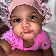 Zureign joined the competition — help win amazing prizes! baby, child, pink_bonnet, pink_shirt, face, portrait, close_up, infant, cute, eyes, skin, headwear, clothing, person, young_child, expression, indoor, human, adorable, baby_face
