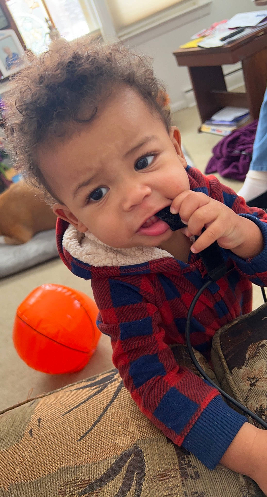 Jadon joined the competition — help win amazing prizes! arm, baby, ball, beauty, cheek, child, face, facial_expression, flooring, fun, hairstyle, happy, lip, mouth, nose, person, plaid, skin, sports_toy, tartan