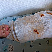 Hudson is registered to the contest to win money with this photo: baby, sleeping, blanket, swaddled, crib, mattress, dinosaur_print, infant, cozy, soft_texture, child, cute, resting, indoors, peaceful, wrapped, head, face, newborn, quiet