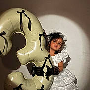 Milena a rejoint le concours — aidez-le/la à gagner de superbes lots ! child, girl, balloon, number_three, white_dress, black_gloves, portrait, spotlight, party, celebration, indoor, face, costume, decor, event, cute, fashion, pose, young, expression