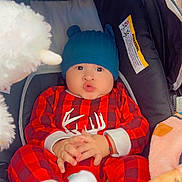 Jr is registered to the contest to win money with this photo: baby, baby_carrier, bear_hat, blanket, blue_hat, car_seat, child, cute, facial_expression, feet, hands, indoors, infant, plaid_outfit, plush_toy, portrait, red_clothing, sitting, stuffed_animal, wide_eyes