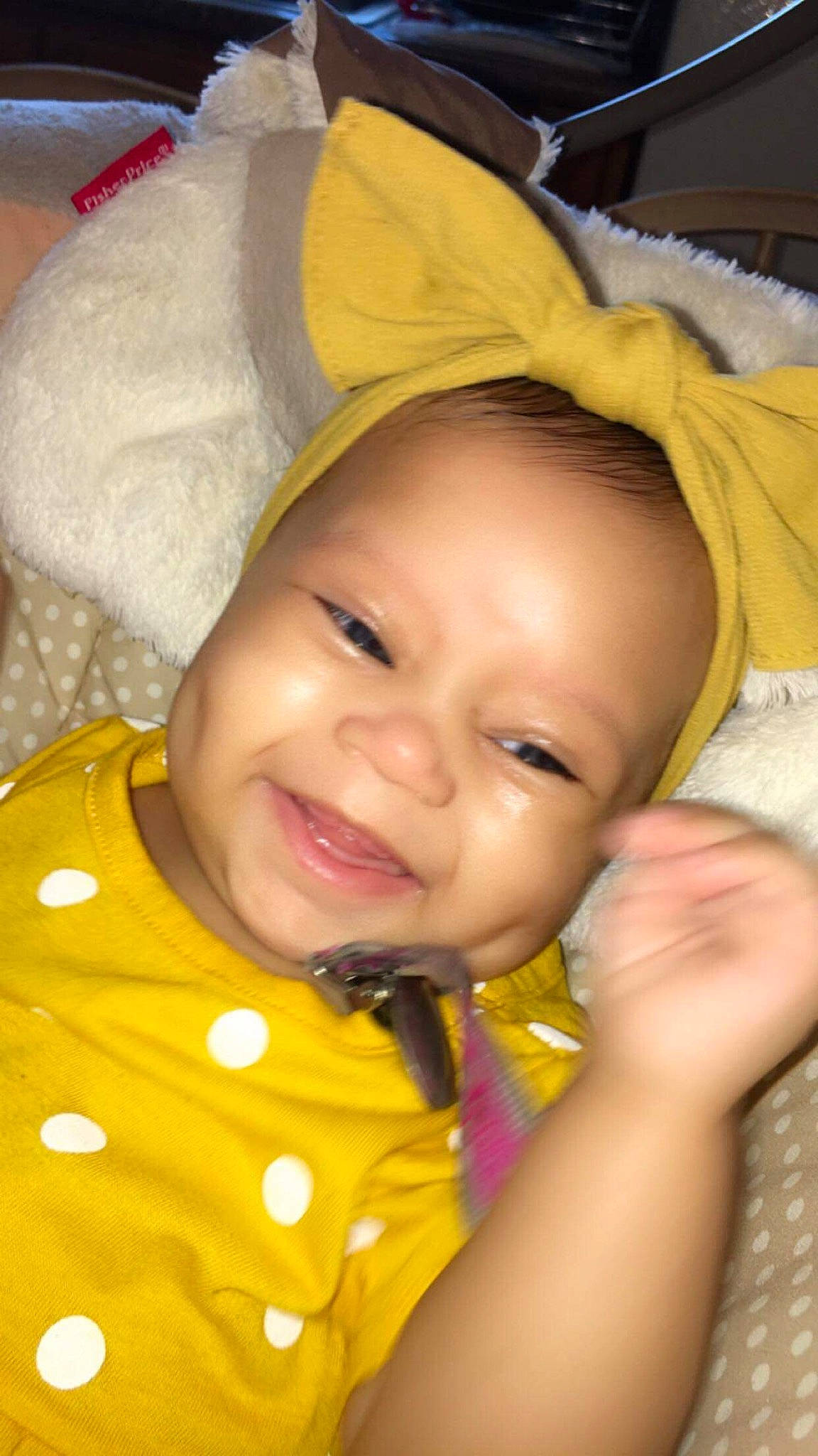 Jaliyah joined the competition — help win amazing prizes! baby, baby_laughing, cheek, eye, facial_expression, finger, gesture, happy, iris, lip, mouth, nose, organ, people, person, pink, skin, smile, textile, toddler