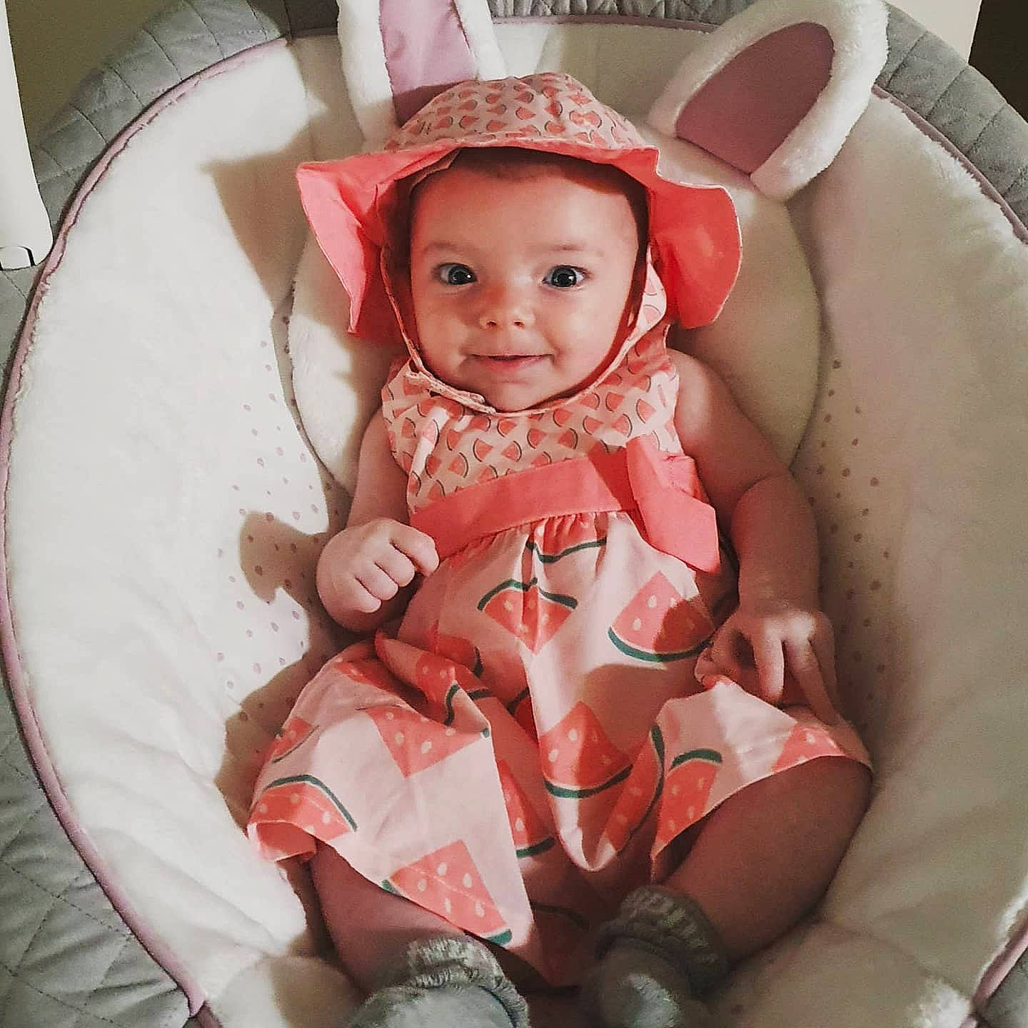 Liliana joined the competition — help win amazing prizes! arm, baby, baby_toddler_clothing, chair, child, comfort, costume_hat, dress, eye, happy, hat, head, headwear, leg, person, pink, skin, sleeve, smile, sun_hat