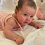 Kassidy joined the competition — help win amazing prizes! baby, infant, pink_clothing, bracelet, plush_toy, bunny, white_blanket, cute, tummy_time, indoors, soft_texture, child, portrait, close_up, adorable, young, resting, toy, cozy, sleepwear