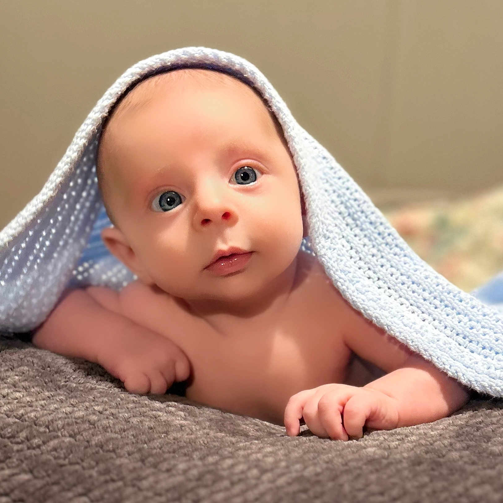 Cooper joined the competition — help win amazing prizes! baby, infant, blue_blanket, knitted_blanket, curious, wide_eyes, lying_down, soft_texture, cozy, indoors, cute, small_hands, close_up, face, portrait, skin, expression, child, newborn, resting