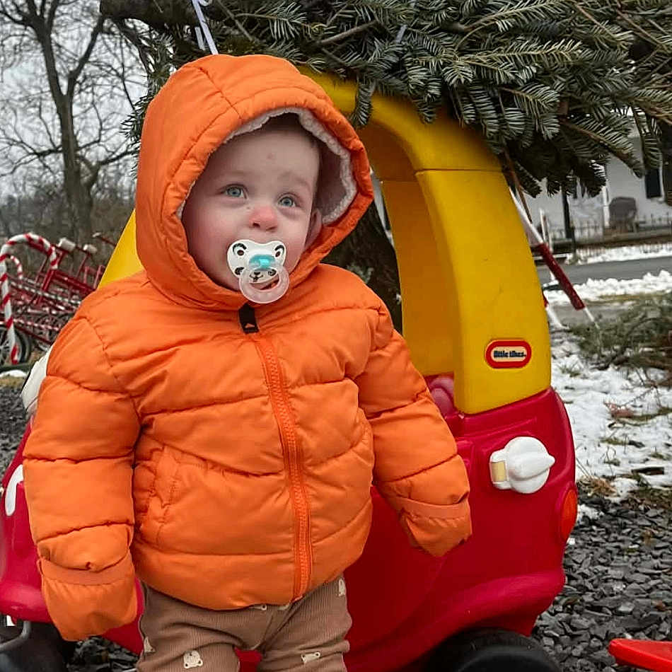 Kaleb joined the competition — help win amazing prizes! boots, child, christmas_tree, clothing, cold_weather, cute, holiday, nature, orange_jacket, outdoor, pacifier, pants, person, play, seasonal, snow, toddler, toy_car, tree, winter
