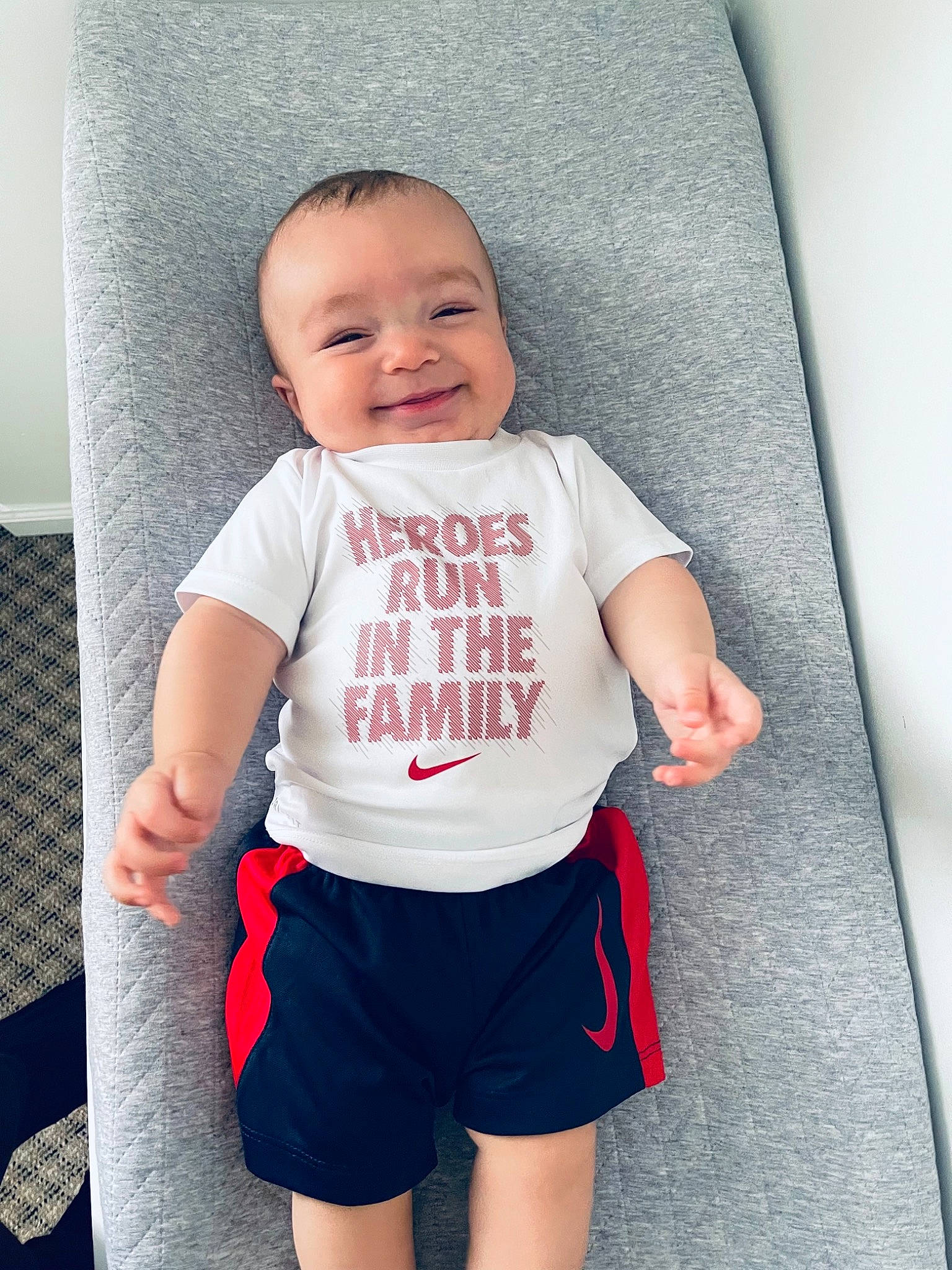 Dakota joined the competition — help win amazing prizes! active_shorts, baby, baby_toddler_clothing, child, electric_blue, grey, happy, human_leg, joy, knee, neck, outerwear, pattern, person, shorts, sleeve, smile, sportswear, t_shirt, thigh