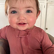 Amaralyn joined the competition — help win amazing prizes! baby, infant, child, face, blue_eyes, long_eyelashes, rosy_cheeks, smile, drool, tuft_of_hair, ponytail, pink_outfit, ribbed_onesie, highchair, toy, indoor, cabinet, portrait, close_up, cute