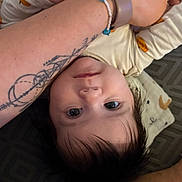 Charlotte a rejoint le concours — aidez-le/la à gagner de superbes lots ! baby, infant, arm, tattoo, smartwatch, bracelet, blanket, pumpkin_print, pattern, face, eyes, hair, hand, lying_down, cozy, closeup, skin, cute, indoors, child