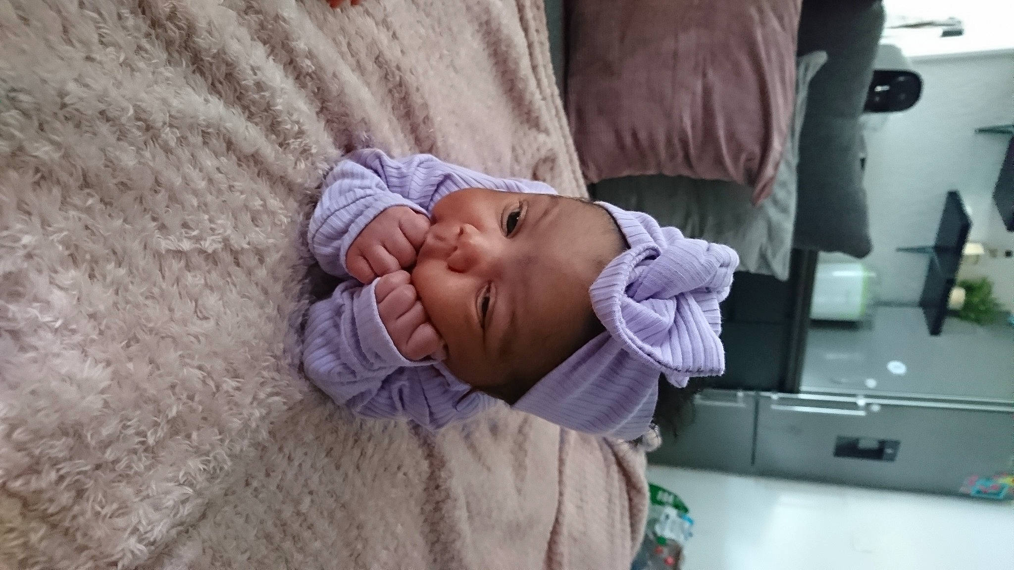 Laïly participe au concours pour gagner de l'argent avec cette photo : baby, baby_products, baby_sleeping, baby_toddler_clothing, cheek, child, comfort, eye, headwear, linens, nap, nose, person, portrait_photography, purple, room, sitting, skin, sleep, sleeve