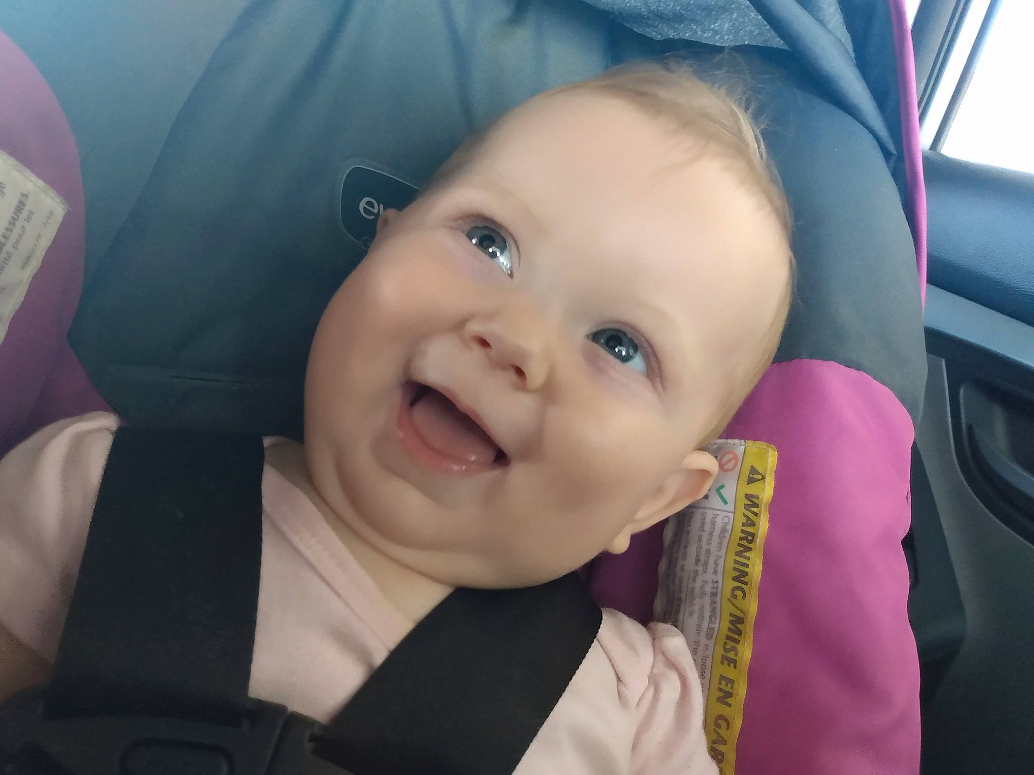 Lilah is registered to the contest to win money with this photo: baby, baby_laughing, baby_products, baby_toddler_clothing, car_seat, cheek, child, comfort, ear, eye, happy, iris, laugh, nose, person, smile, toddler, tongue, tooth