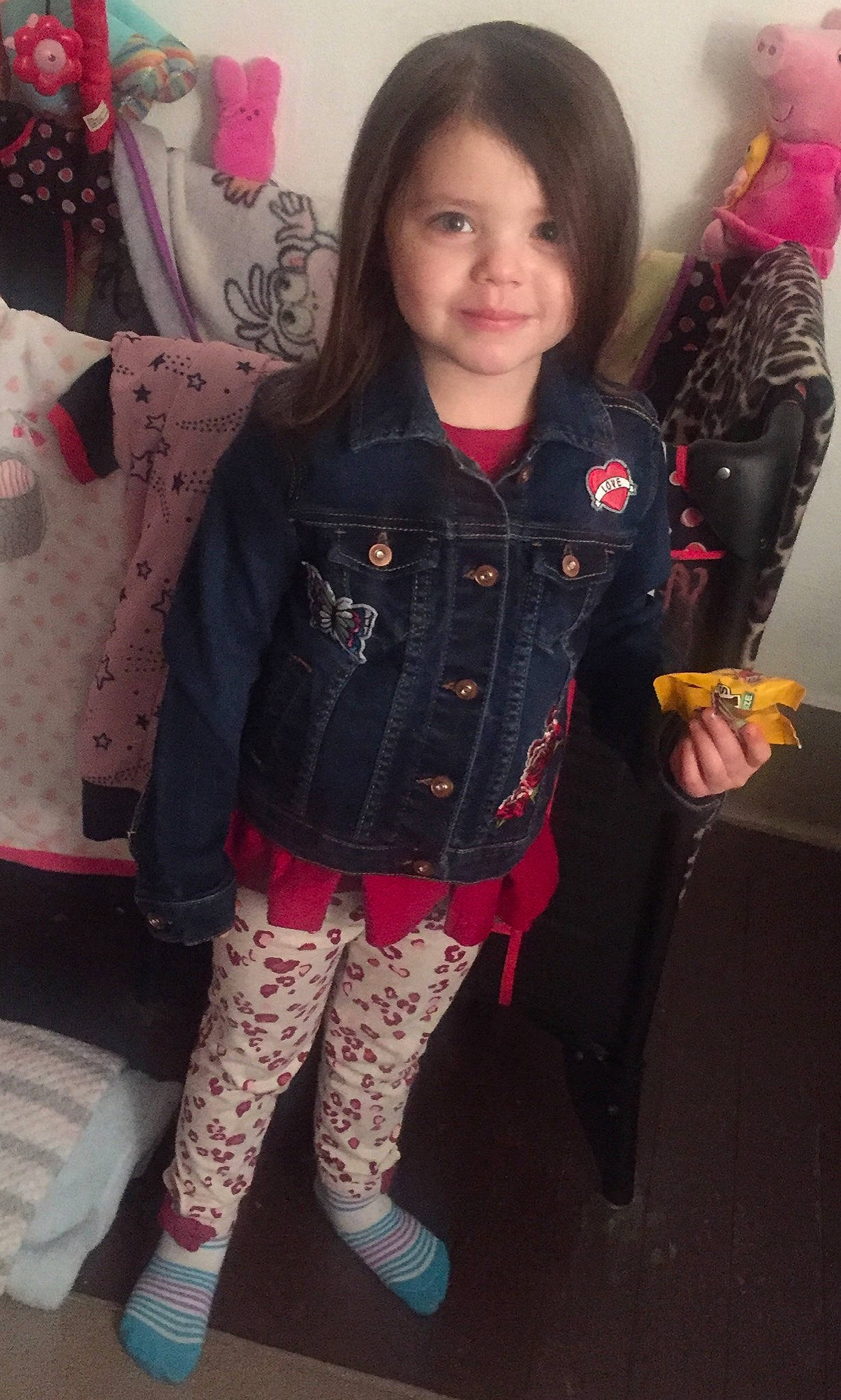 Jaylyn joined the competition — help win amazing prizes! bangs, black_hair, child, clothing, footwear, jacket, jeans, joy, leg, leggings, long_hair, outerwear, person, pink, shoe, skin, textile, thigh, tights, toddler