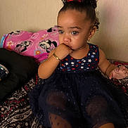 Jahira joined the competition — help win amazing prizes! toddler, child, curly_hair, red_bow, blue_dress, stars, bracelet, earrings, bedspread, blanket, mickey_mouse, pink_blanket, indoor, portrait, sitting, cute, thoughtful, hand_on_mouth, young_child, cozy