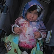 Nellie joined the competition — help win amazing prizes! child, baby, hoodie, hello_kitty, stroller, blanket, animal_print, cute, cozy, infant, clothing, warm, portrait, person, baby_bottle, indoor, seated, young_child, curious, colorful
