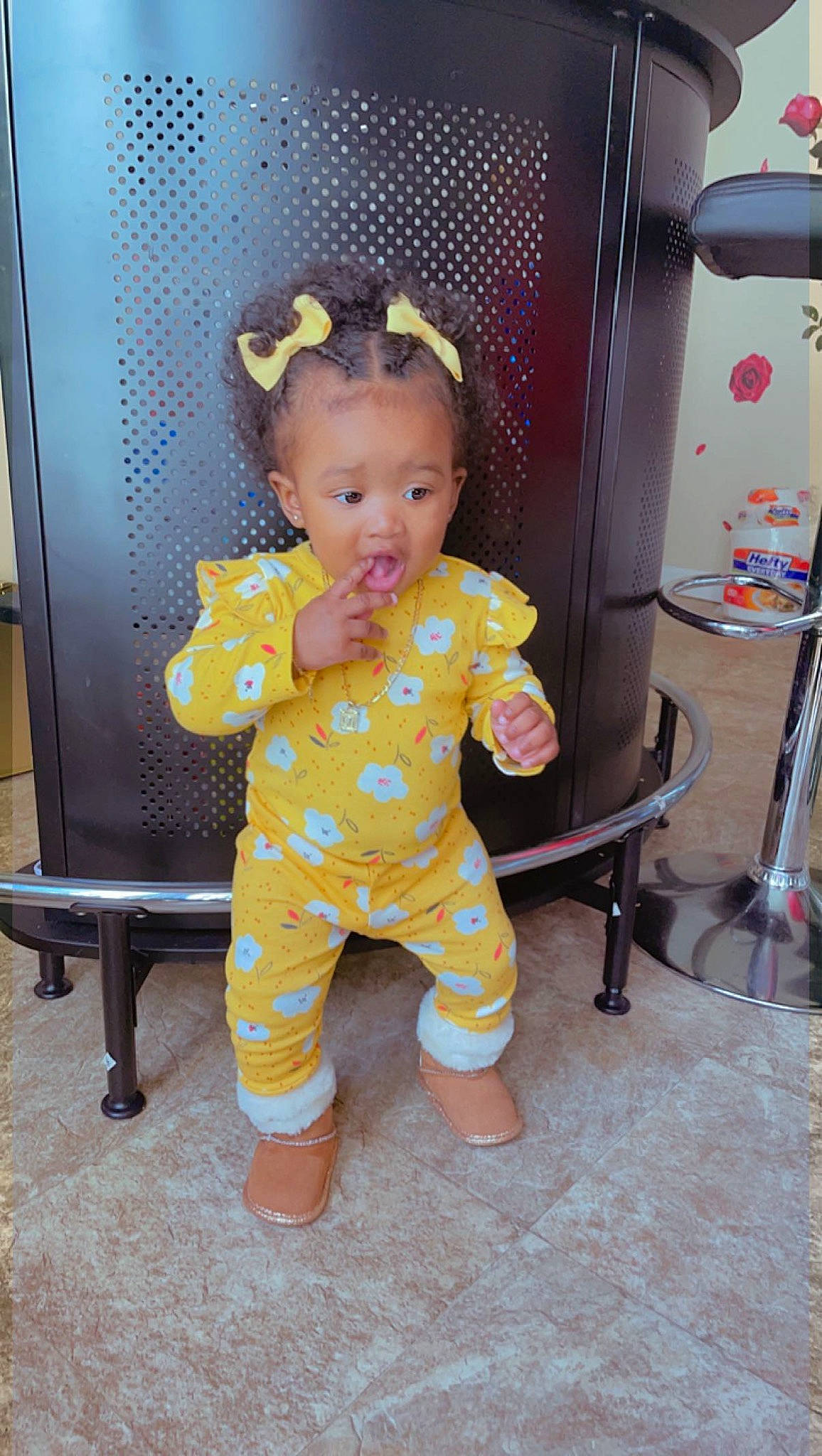 Onijujuah is registered to the contest to win money with this photo: baby, baby_toddler_clothing, child, facial_expression, flooring, foot, fun, happy, human_leg, nightwear, pajamas, pattern, person, room, sitting, skin, sleeve, smile, standing, surprise