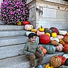 child, boy, smiling, sitting, outdoor, steps, pumpkins, gourds, autumn, fall, flowers, pink_flowers, brick_building, stone_steps, portrait, striped_shirt, pants, sneakers, house_entrance, daylight