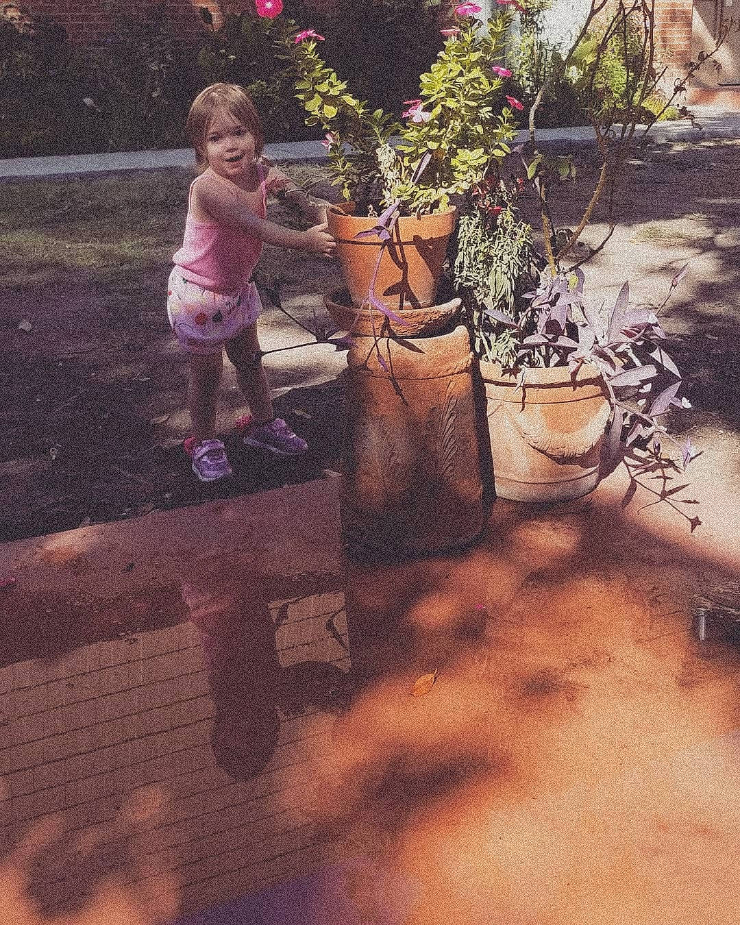 Scarlett joined the competition — help win amazing prizes! flooring, flower, flowerpot, garden, grass, happy, landscape, leaf, metal, morning, person, plant, recreation, road_surface, shadow, soil, square, tints_and_shades, toddler, visual_arts